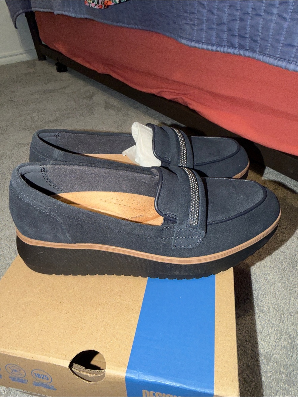 Clarks Navy Suede Slip-On Loafers with Studded Strap Accent - Picture 3 of 6